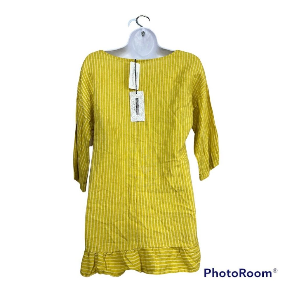 NWT Italian Linen Top Tunic Small Yellow Stripes Lagenlook Boho Resort Vacation - Picture 5 of 8